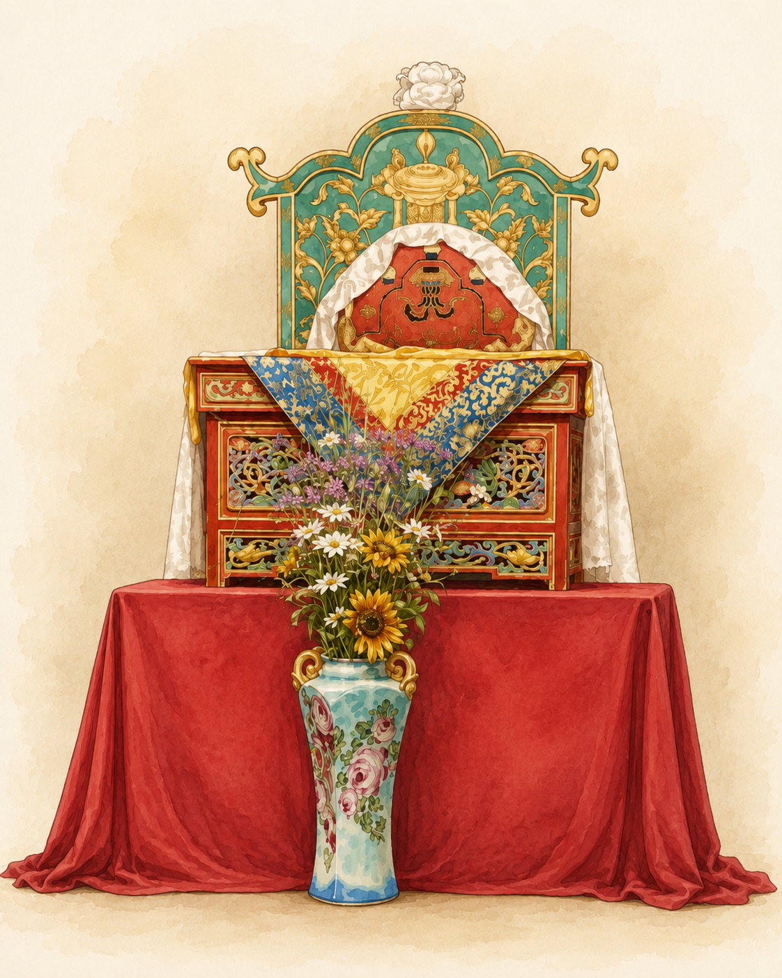 An ornate empty throne on stage, draped in red and gold